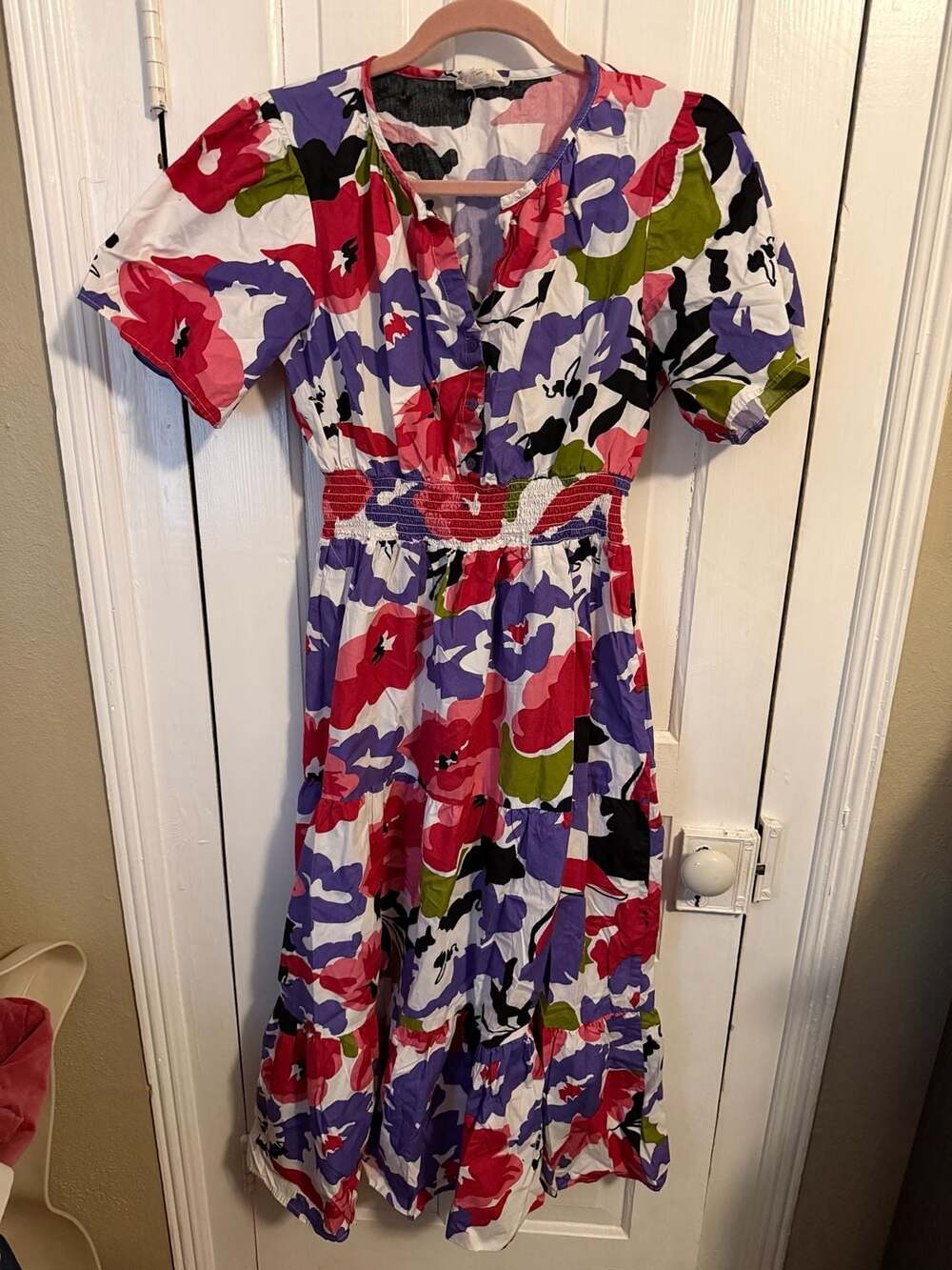 NAOO Vibrant Floral Tiered Midi Dress with Smocked Waist XL